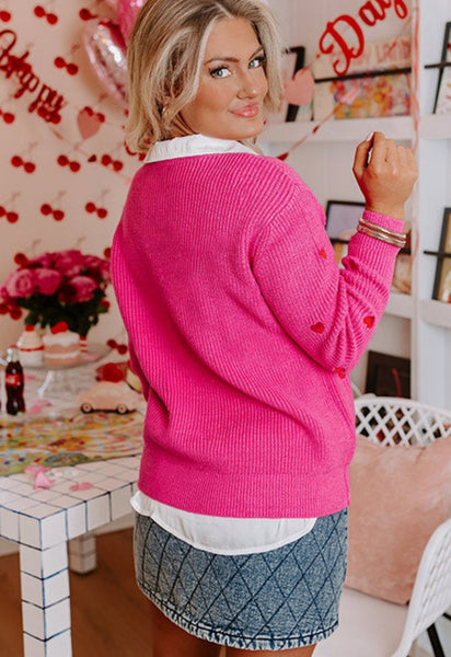 Hot Pink Embroidered Heart Print Sweater