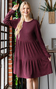 Raised Rib Urban Ruffle Dress Burgundy