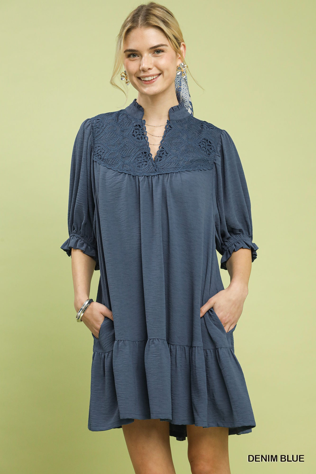 UMGEE Lace Detail Tiered Dress Denim Blue