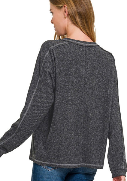 Black Cozy Knit Ribbed Pocket Sweater