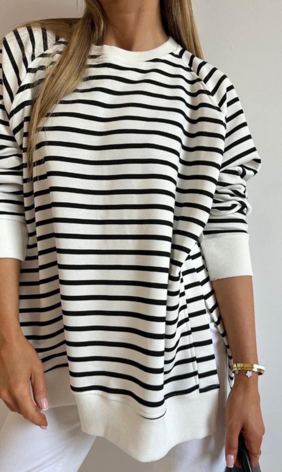 Gracie Striped Raglan Side Slit Sweatshirt Top