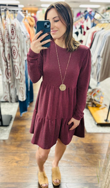 Raised Rib Urban Ruffle Dress Burgundy