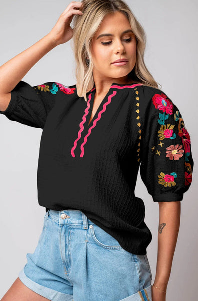 Sammy Black Embroidered Floral Top