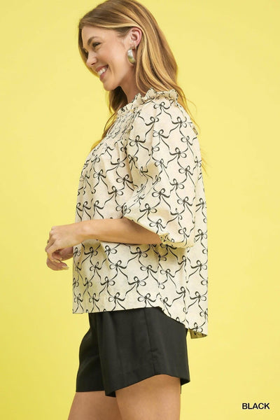 UMGEE Black & Cream Bow Quarter Sleeve Top