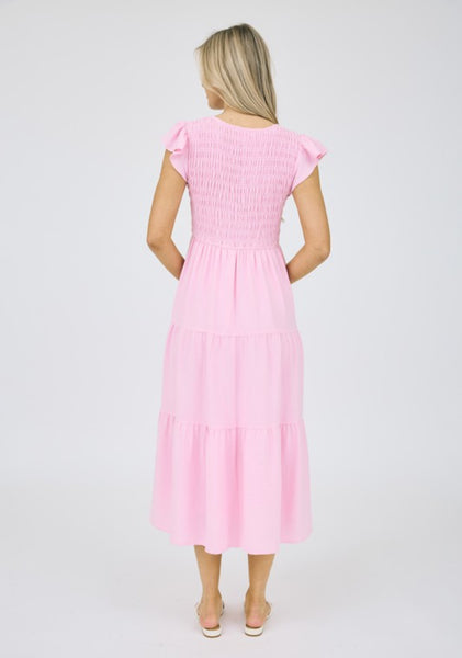 Solid Flutter Sleeve Midi Dress Light Pink
