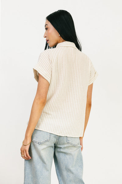Stripe Collared Linen Blend Button Down Khaki