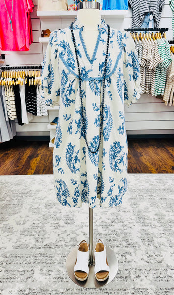 UMGEE Paisley Scallop Trim Dress Blue Mix
