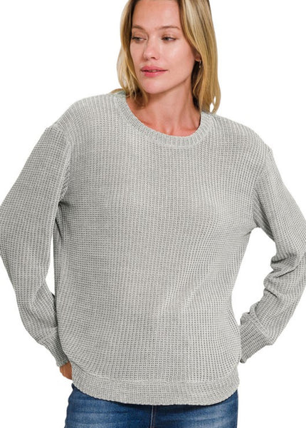Chenille Waffle Knit Crew Sweater Grey