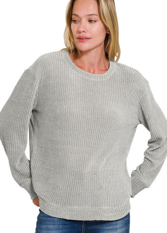 Chenille Waffle Knit Crew Sweater Grey