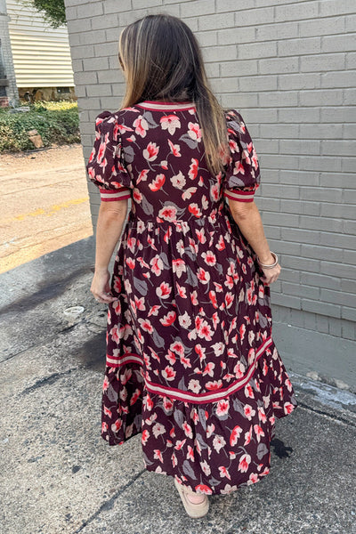 Floral Multicolor Tiered Midi Dress Brown Mix