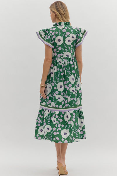 Floral Flutter Sleeve Dress Green Mix