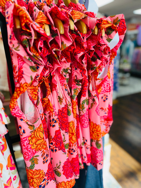 UMGEE Floral Print Ruffle Neck Top Pink Mix