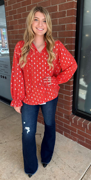 Red Dotted Ruffle Neck Foil Print Top