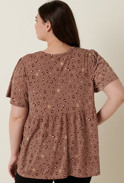 Taupe Floral Print Woven V Neck Top