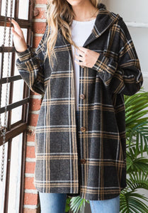 Charcoal Plaid Hooded Button Down Cardigan