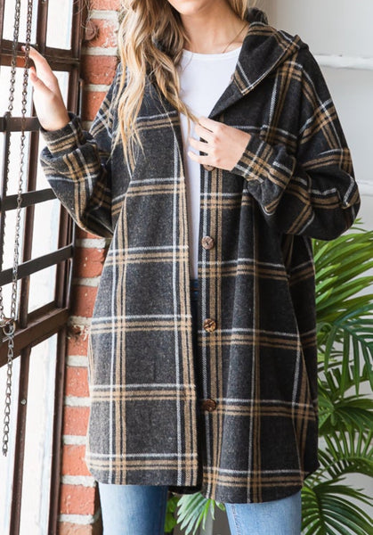 Charcoal Plaid Hooded Button Down Cardigan