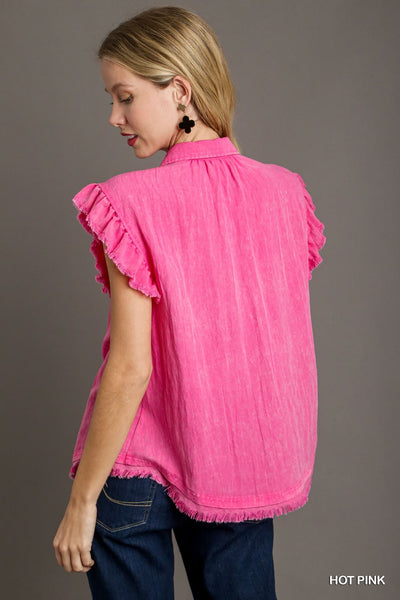 UMGEE Mineral Wash Button Down Top Hot Pink