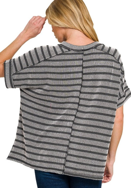 Stripe Two Tone Textured Top Black
