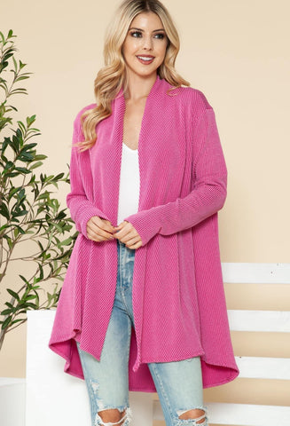 Ribbed Knit Open Front Cardigan Hot Pink