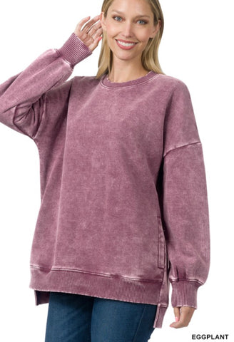 Acid Wash Fleece Hi Lo Hem Sweatshirt Eggplant