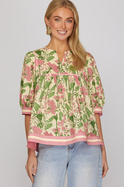 Pink & Green Floral Mix Top