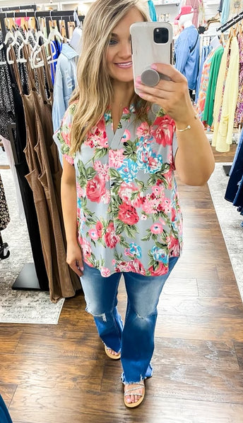 Lizzy Short Sleeve Top Grey Bright Floral