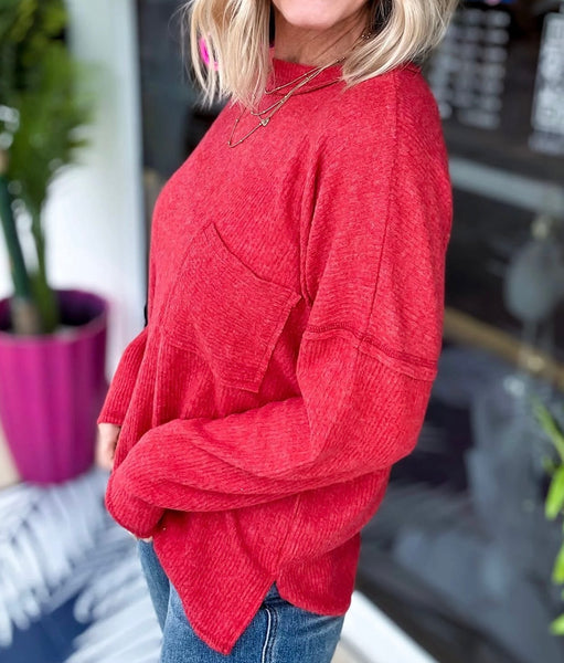 Red Cozy Knit Ribbed Pocket Sweater