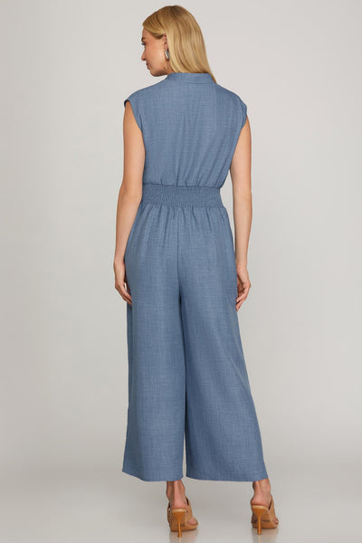 Woven Smocked Waist Jumpsuit Denim Blue