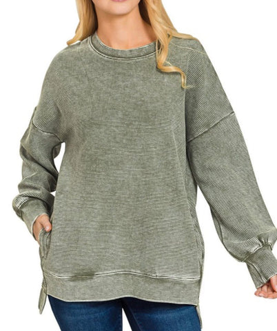 Double Ribbed Sweatshirt Top Dark Olive