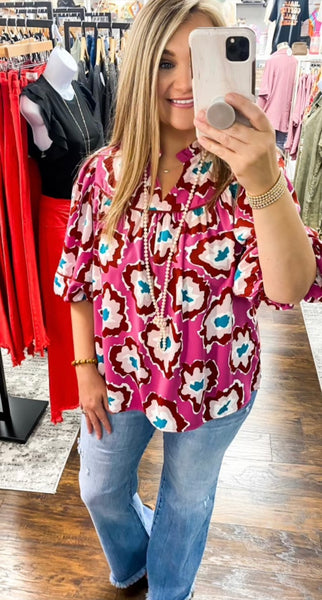 Plum Abstract Print V Neck Top