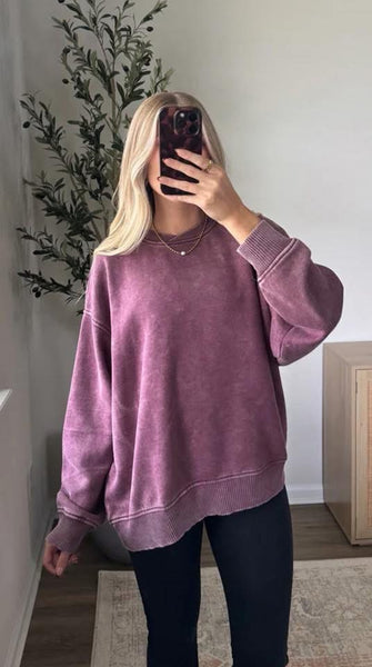 Acid Wash Fleece Hi Lo Hem Sweatshirt Eggplant