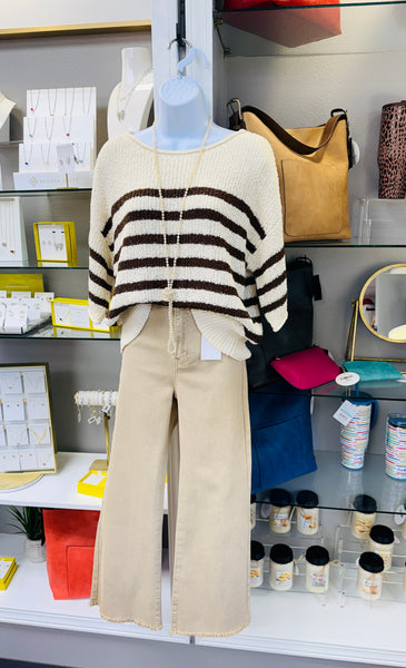 Stripe Knit Half Sleeve Sweater Chocolate