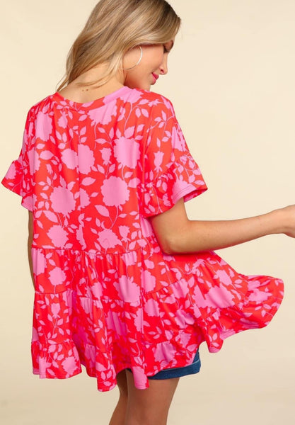 Coral & Pink Floral Peplum Ruffle Top