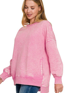 Acid Wash Fleece Hi Lo Hem Sweatshirt Candy Pink