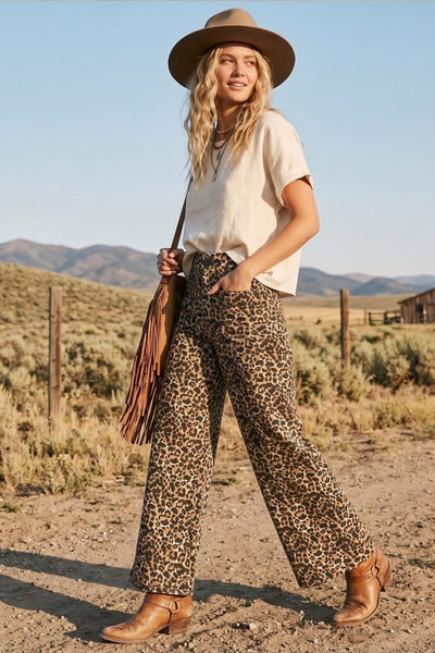 Leopard Twill Wide Leg Pant