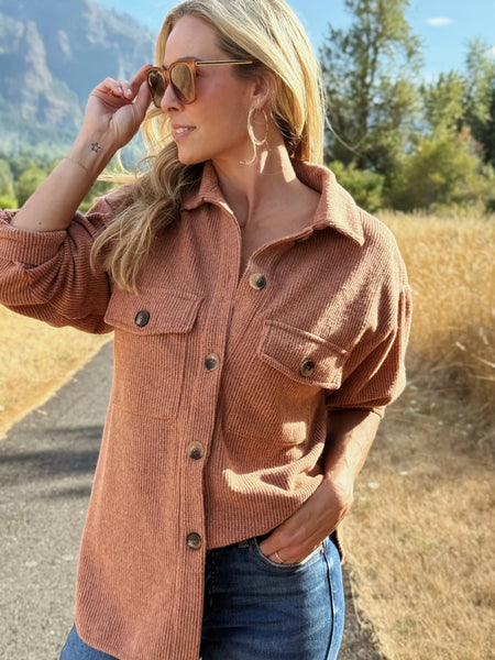 Cozy Brushed Waffle Shacket Rust