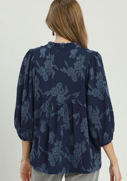 UMGEE Floral Textured Top Midnight Blue