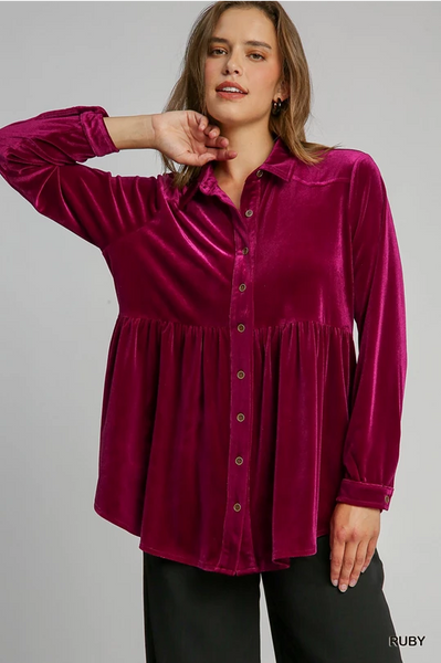 UMGEE Velvet Button Down Collared Top Ruby