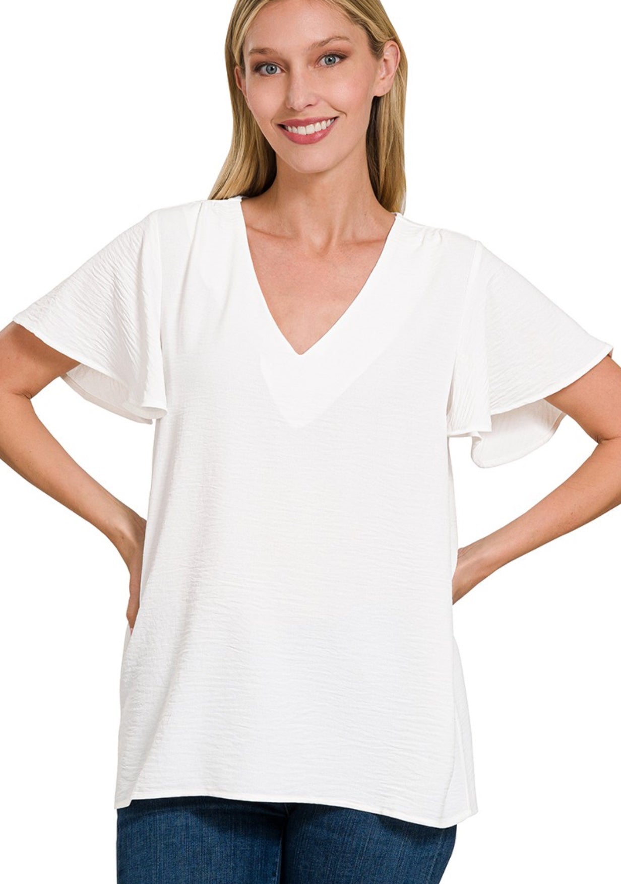 Flutter Sleeve V Neck Top Ivory