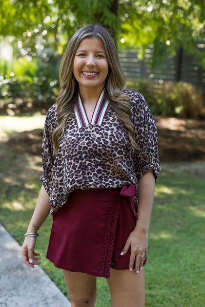 Luxe Leopard Popover Top Wine Mocha