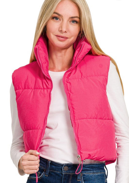 Cropped Puffer Vest Hot Pink