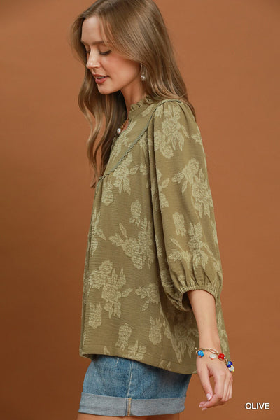 UMGEE Floral Textured Top Olive