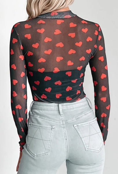 Black & Red Heart Mesh Top