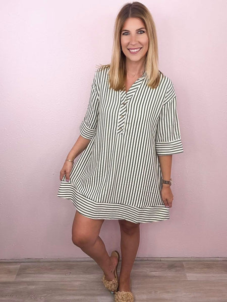 Stripe Pattern Collared Dress Black Mix