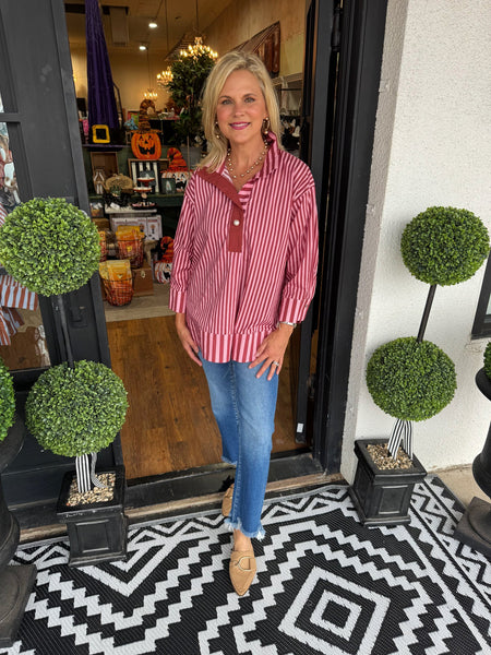 Brooke Stripe Collared Top Dark Red Mix