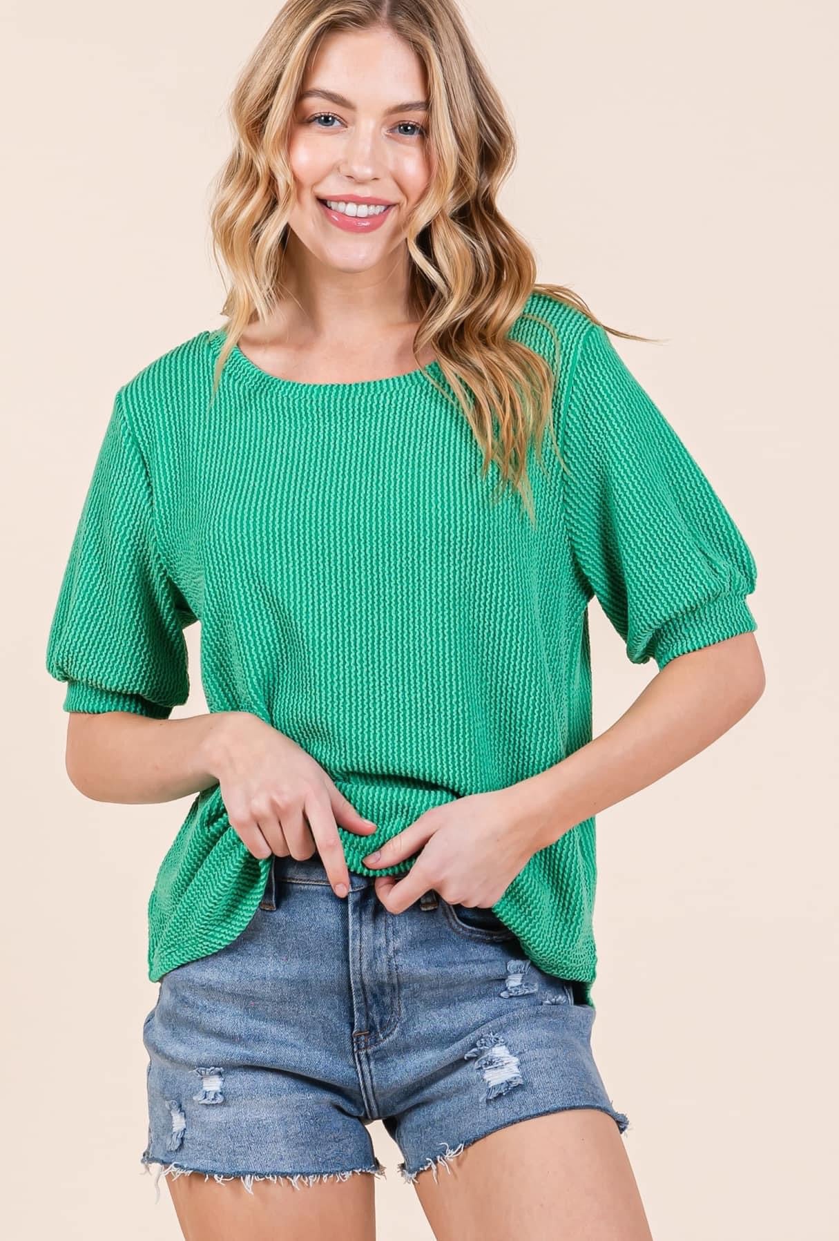 Solid Ribbed Puff Sleeve Top Kelly Green