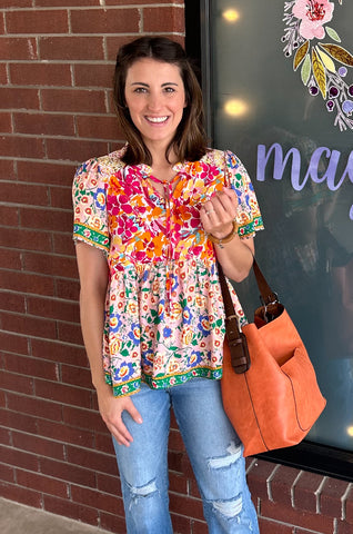 UMGEE Mixed Print Smocked Shoulder Top