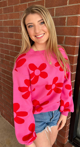 Hot Pink Sweet Daisy Floral Sweater