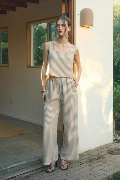 2PC Khaki Stripe Top & Pants SET