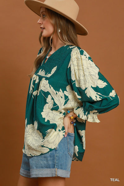 UMGEE Hampton Leaf Print Top Teal